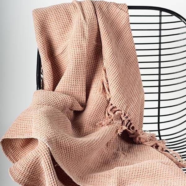 50" x 65" Cotton Waffle Weave Throw With Fringes, Peach