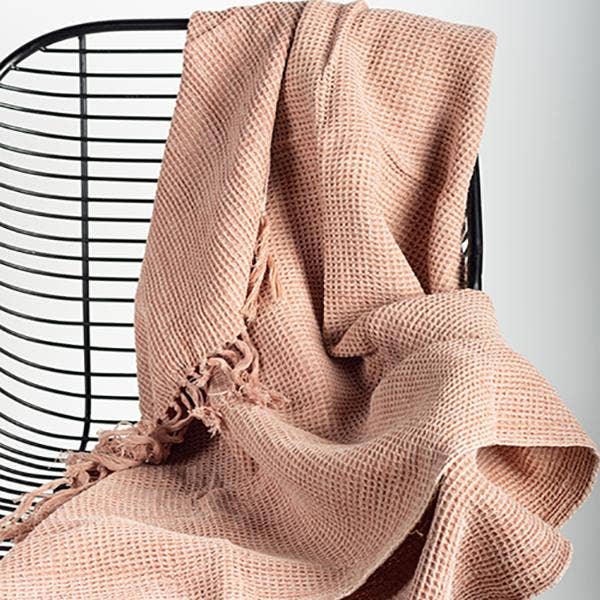 50" x 65" Cotton Waffle Weave Throw With Fringes, Peach