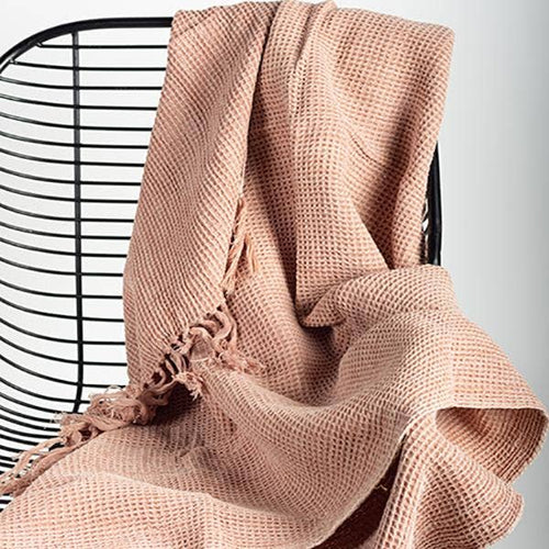 50" x 65" Cotton Waffle Weave Throw With Fringes, Peach