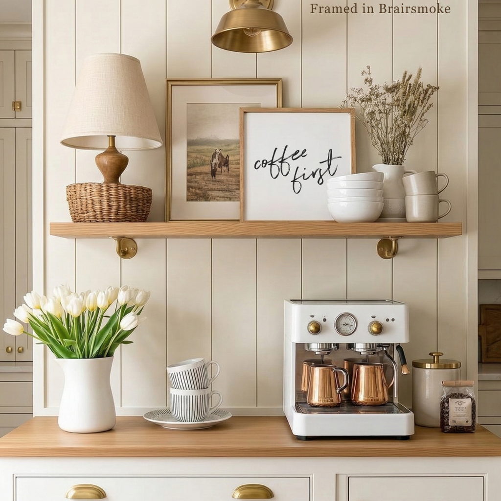 Coffee First Framed Print – Neutral Kitchen Coffee Bar Decor