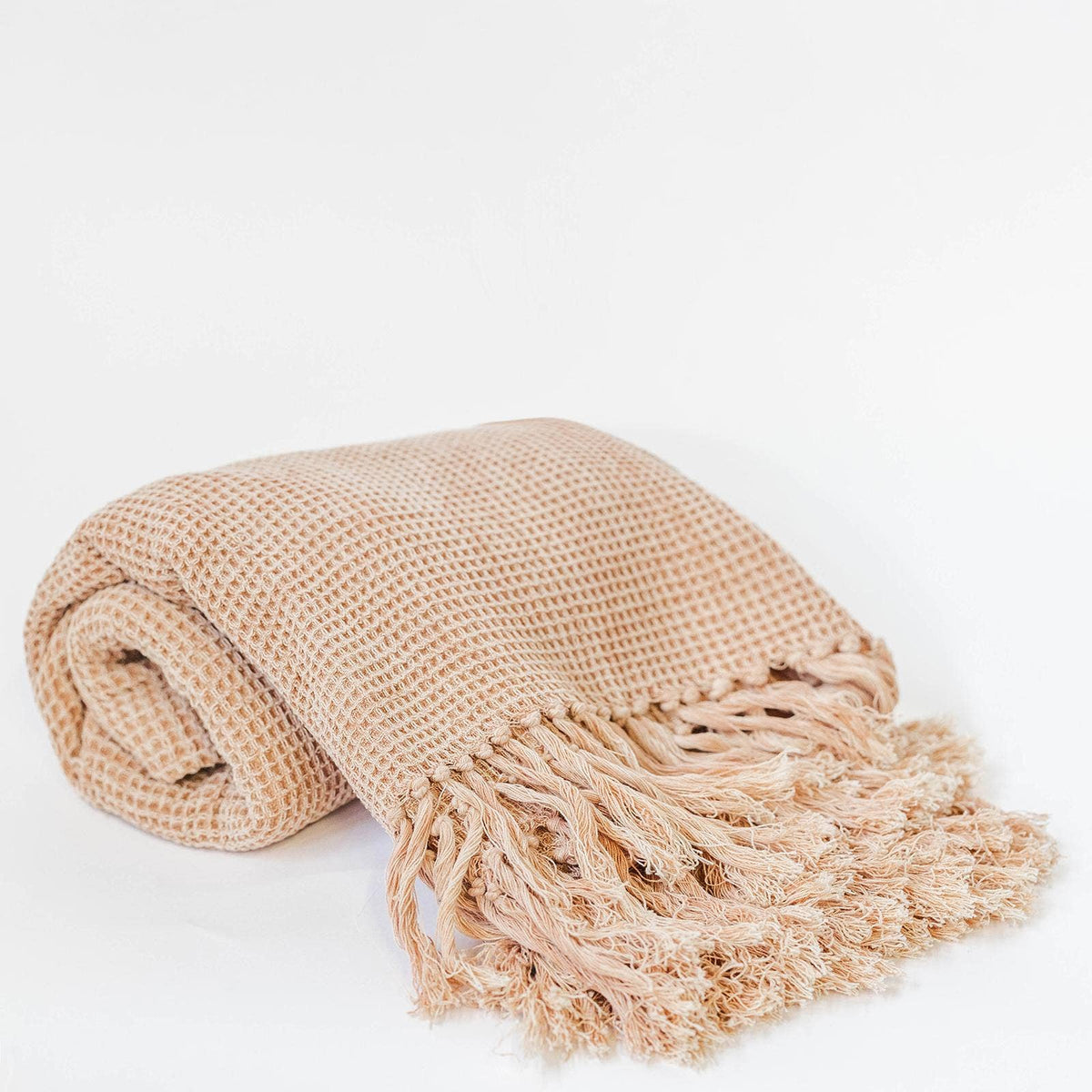 50" x 65" Cotton Waffle Weave Throw With Fringes, Peach