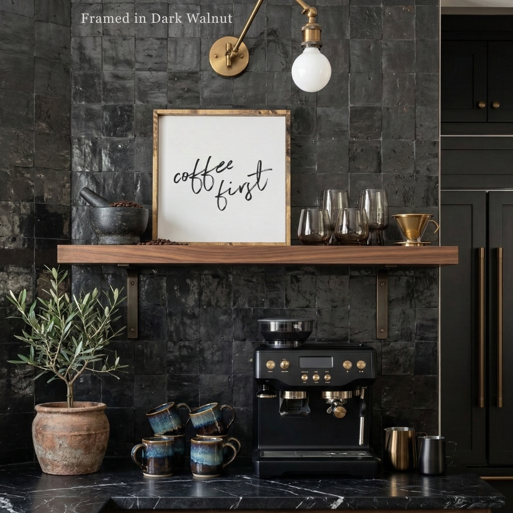 Coffee First Framed Print – Neutral Kitchen Coffee Bar Decor