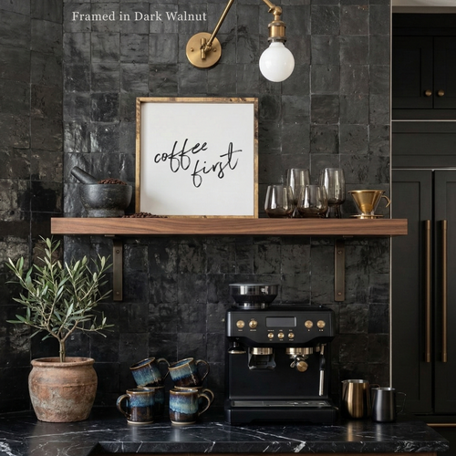 Coffee First Framed Print – Neutral Kitchen Coffee Bar Decor