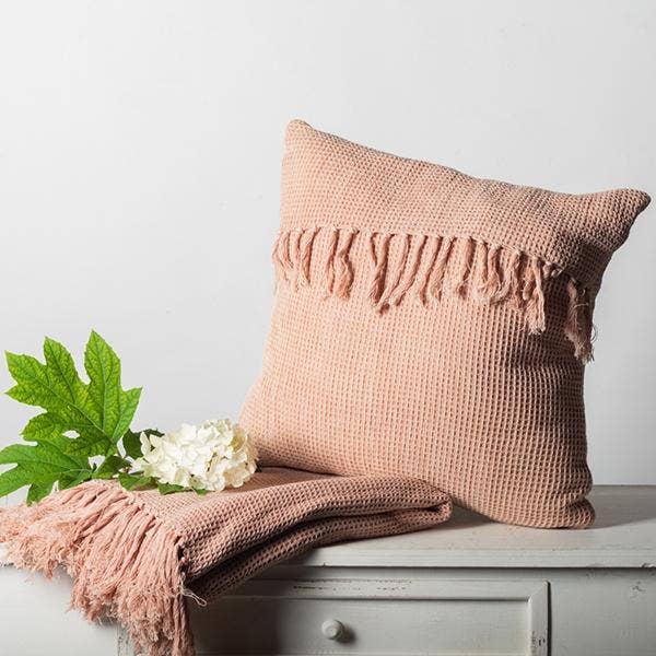 50" x 65" Cotton Waffle Weave Throw With Fringes, Peach