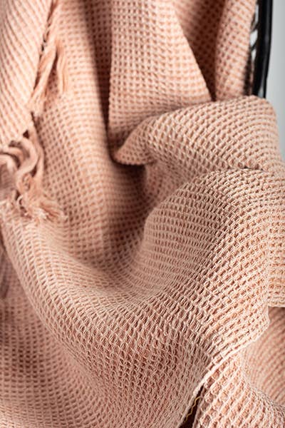 50" x 65" Cotton Waffle Weave Throw With Fringes, Peach